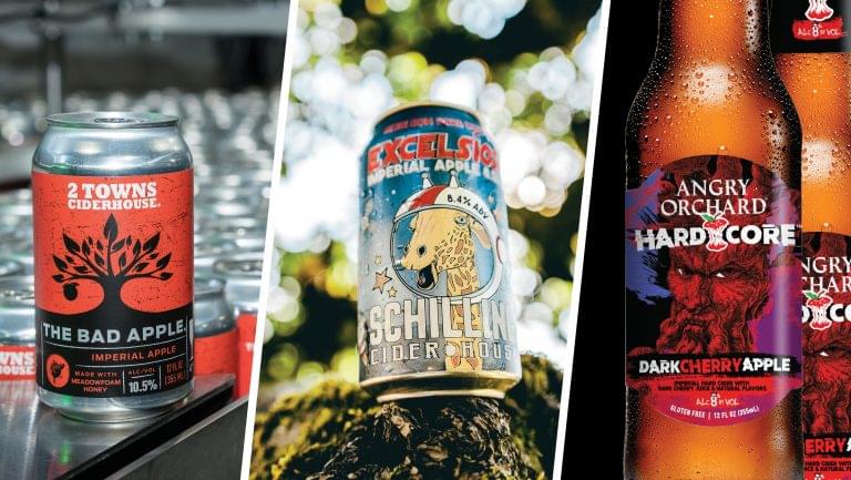 From left to right: 2 Towns Ciderhouse's The Bad Apple (photo courtesy of 2 Towns Ciderhouse); Schilling Cider's Excelsior (photo courtesy of Schilling Cider); Angry Orchard's Hard Core (photo courtesy of Angry Orchard)