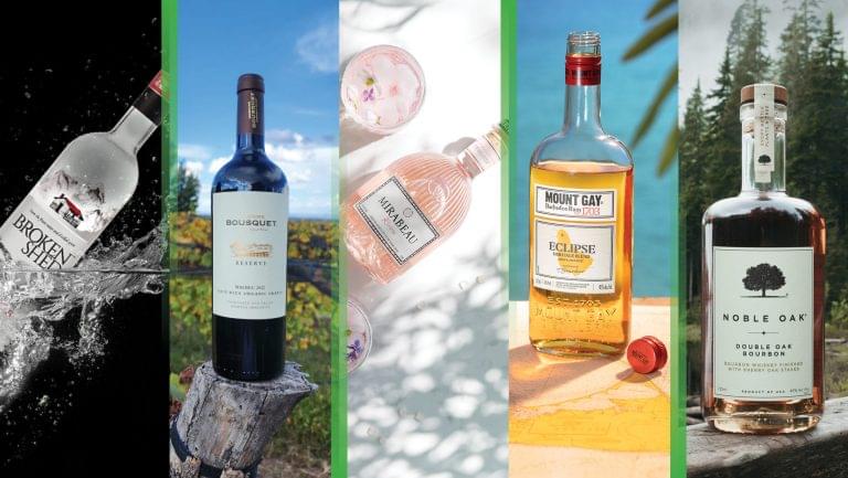 From left to right: Broken Shed Vodka, Domaine Bousquet Malbec, Maison Mirabeau Riviera, Mount Gay Eclipse Heritage Blend Rum, and Noble Oak Double Oak Bourbon.