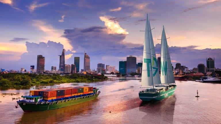 A rendering of the 250-foot schooner soon to be launched by TransOceanic Wind Transport (TOWT), capable of carrying 1,000 tons of cargo at a 90 percent lower carbon footprint than diesel ships.