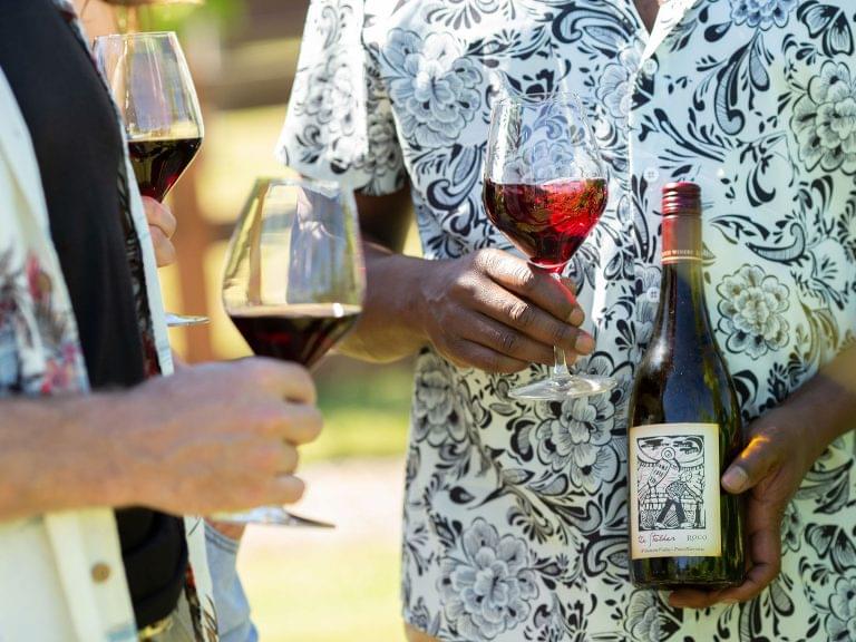 A close up of hands holding glasses and a bottle of ROCO Stalker Pinot Noir