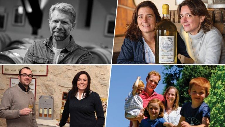 From top left clockwise: Jean-Christophe Mau of Château Brown, Slanie Ricard de Pontac and her sister Elisabeth de Pontac of Château de Myrat, Pierre-Edouard Chatin of Château de Respide and family, Emilie Mercadier of Château Voigny.