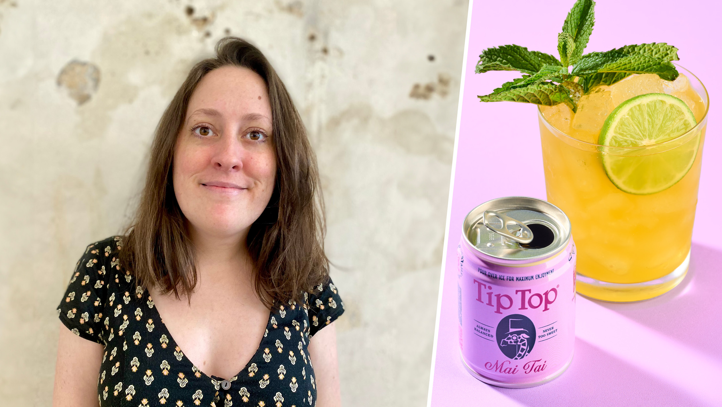 Kristina Ferdinand và lon cocktail Tip Top Proper Mai Tai tiện lợi