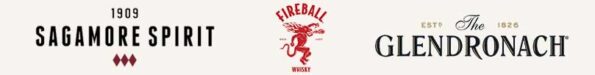 Logos for Sagamore Spirit, Fireball, and GlenDronach respectively.
