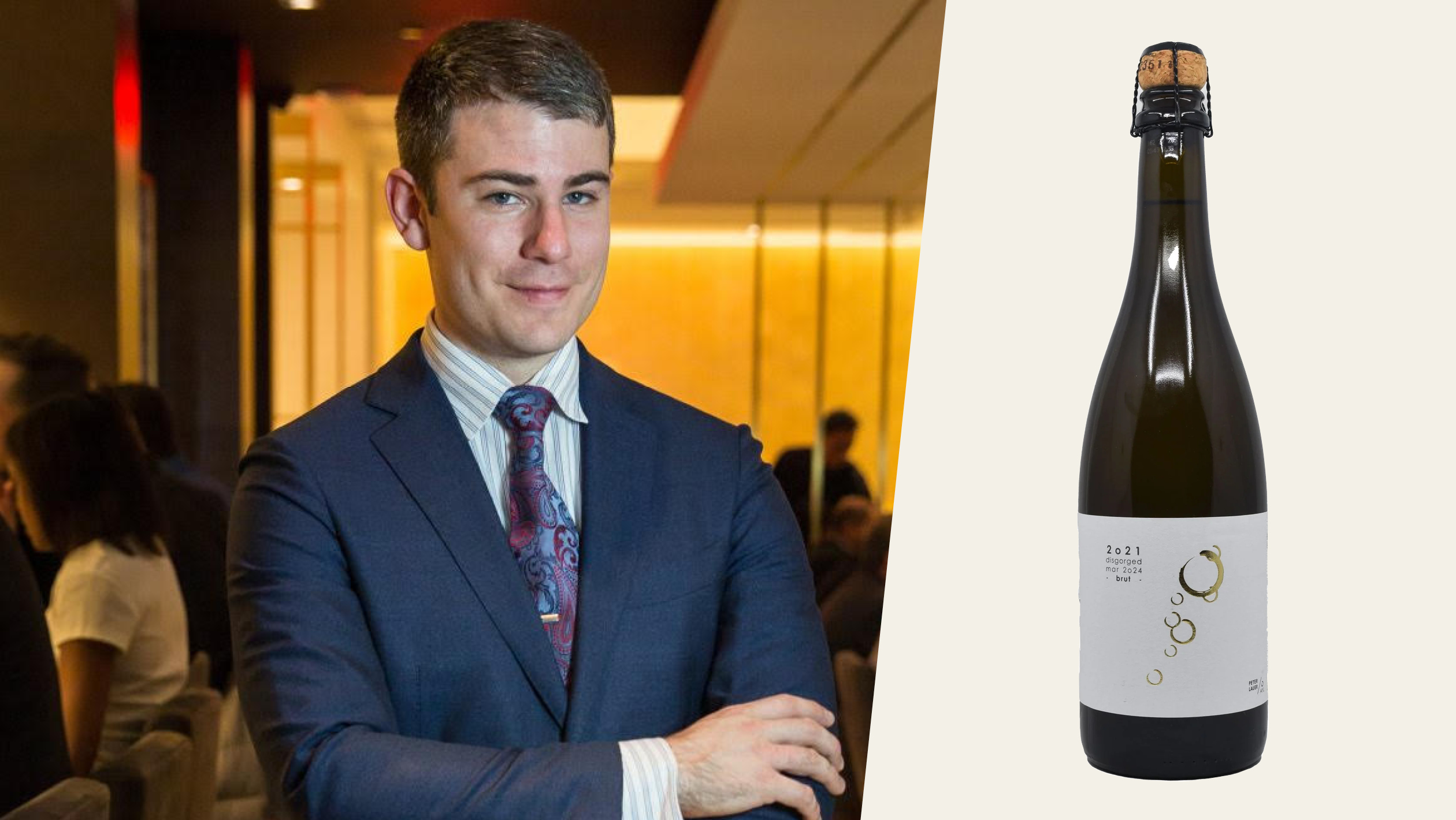 From left to right: Daniel Beedle, the assistant director of food and beverage at Kimpton The Forum Hotel (photo courtesy of Daniel Beedle); Peter Lauer Riesling Sekt 2020.