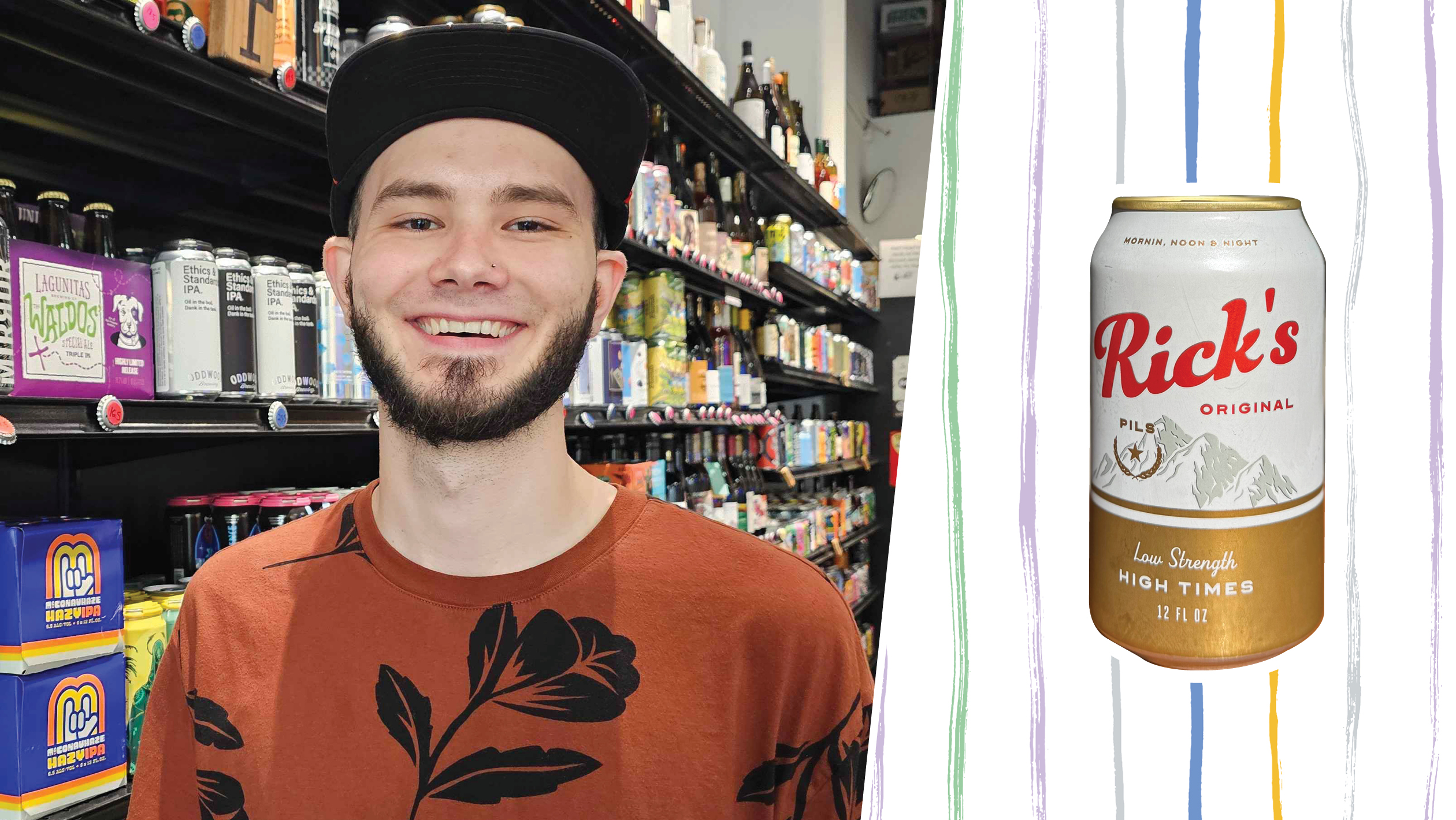 From left to right: Justin Bullan, the general manager of WhichCraft Tap Room & Bottle Shop; Rick’s Original Near Beer (photos courtesy of Justin Bullan).