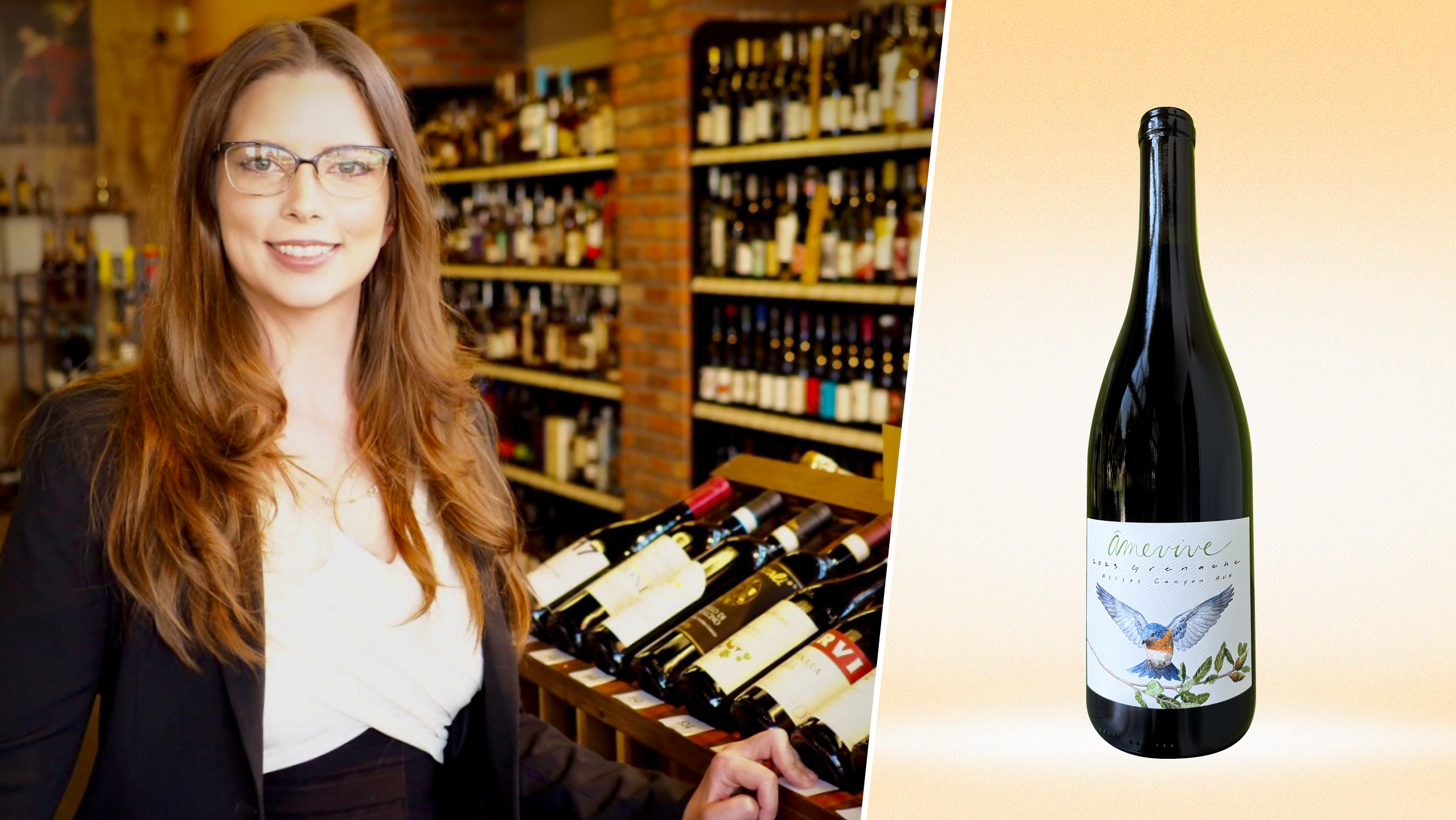 From left to right: Sally Stewart, the owner of Denver Wine Merchant (photo courtesy of Sally Stewart); Âmevive Grenache (photo courtesy of Âmevive). 