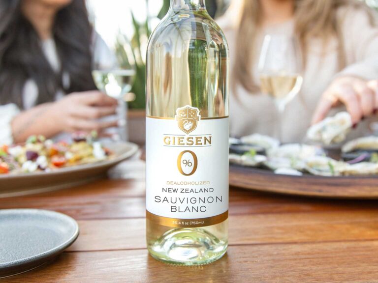A bottle of Giesen Zero Sauvignon Blanc.