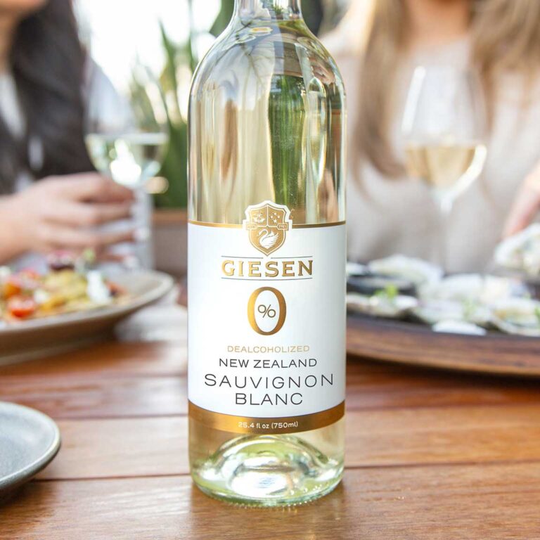 A bottle of Giesen Zero Sauvignon Blanc.