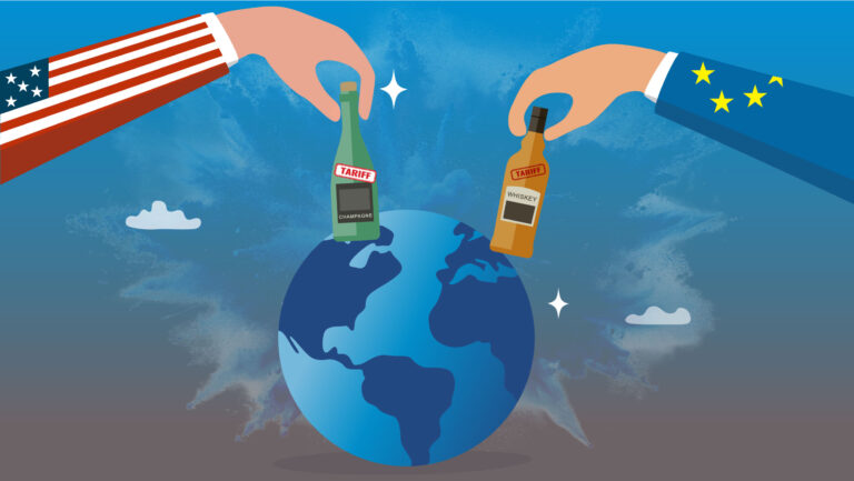 An illustration of the world, with wine bottles displaying the word "tariffs" positioned in the U.S. and EU.