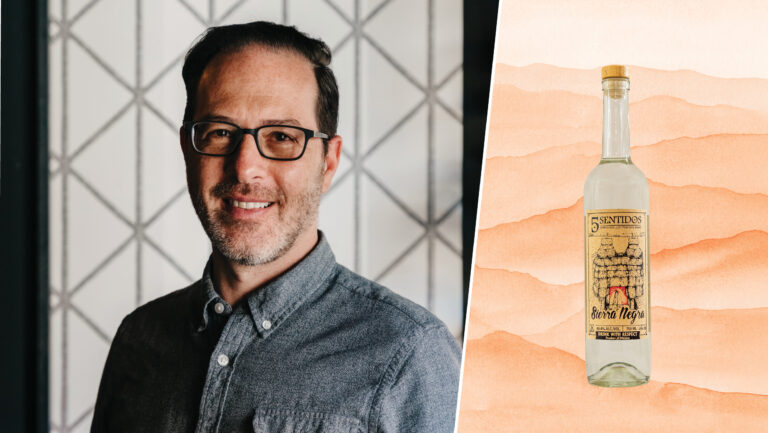 Greg Boehm, the owner of The Cabinet Mezcal Bar; and a bottle of Cinco Sentidos Sierra Negra by Alberto Martinez