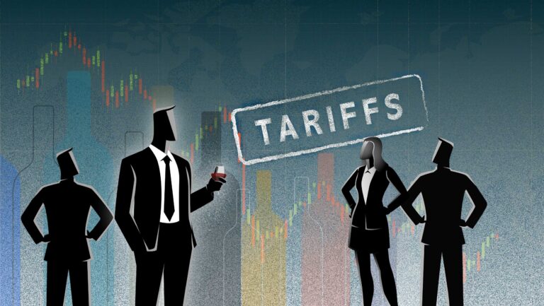 Illustration of American alcohol importers contemplating tariffs.