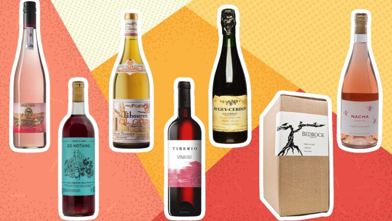Seven rosé wine bottles and boxes.