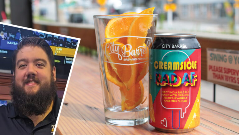 From left to right: Aaron Passow, the bar manager of Taps on Main (photo courtesy of Aaron Passow); City Barrel Brewing Creamsicle ‘Rad AF' (photo courtesy of City Barrel Brewing).