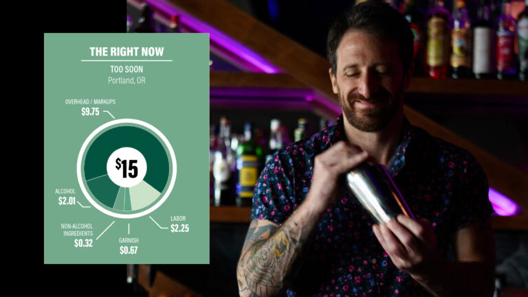 Nick Flower alongside a breakdown of the cost of The Right Now cocktail.