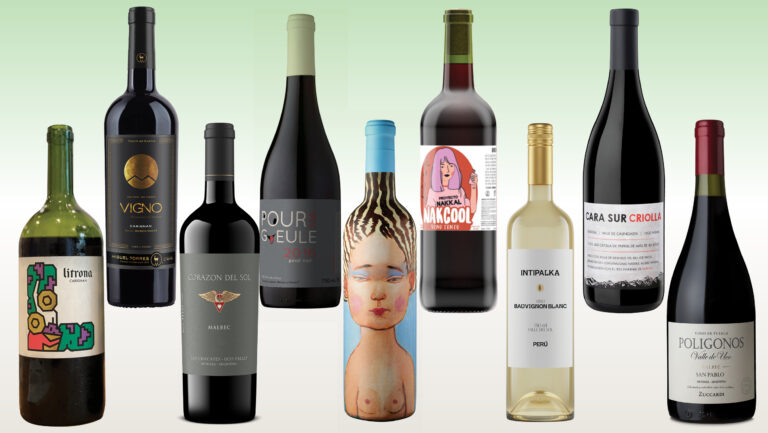 Nine wine bottles from South America.