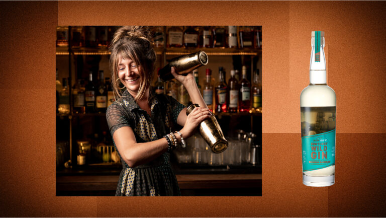 Maddie Finnegan, the lead bartender of Green Lady Cocktail Room (photo courtesy of Green Lady Cocktail Room); New Riff Wild Kentucky Gin (photo courtesy of New Riff Distilling). 