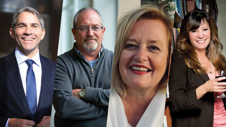 A photo compilation of Chris Swonger, the CEO of the Distilled Spirits Council of the United States; Tom Wark, the executive director of the National Association of Wine Retailers ; Charlotte Hey, the executive director of International Wineries for Climate Action; and Deborah Brenner, the founder and CEO of Women of the Vine and Spirits. 