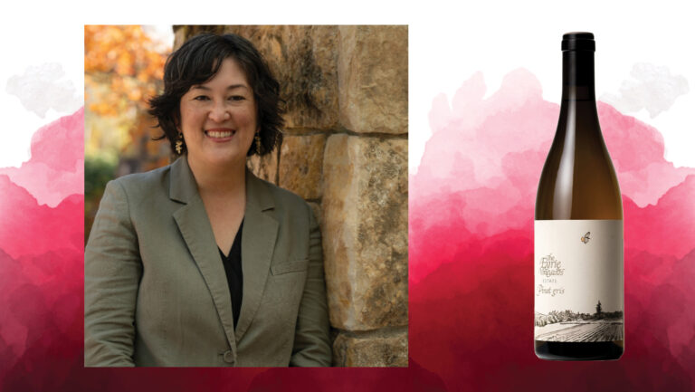 From left to right: Elaine Heide, the wine director at The Allison Inn & Spa and Jory (photo courtesy of Elaine Heide); The Eyrie Vineyards Estate Pinot Gris (photo courtesy of The Eyrie Vineyards).