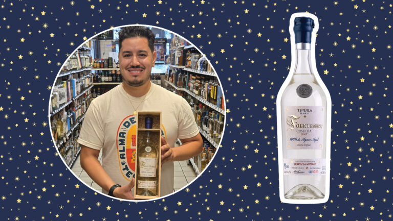 From left to right: Mike Moreno, Jr., the co-owner of Moreno's Liquors; Fuenteseca Cosecha ‘Huerta Las Antenas’ Blanco Tequila 2018 (photos courtesy of Mike Moreno). 