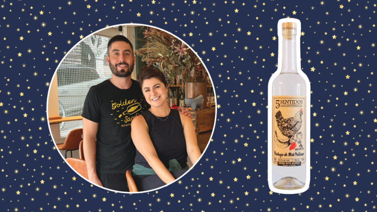 From left to right: Steven and Emily Sadri, owners of Tahona Mercado (photo courtesy of Steven Sadri); Cinco Sentidos Pechuga de Mole (photo courtesy of PM Spirits). 