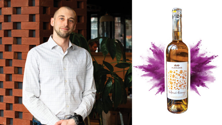 From left to right: Thomas Kakalios, the beverage director of Eat Well Hospitality Group; Alexakis Vidiano Orange 2021 (photos courtesy of Eat Well Hospitality Group).
