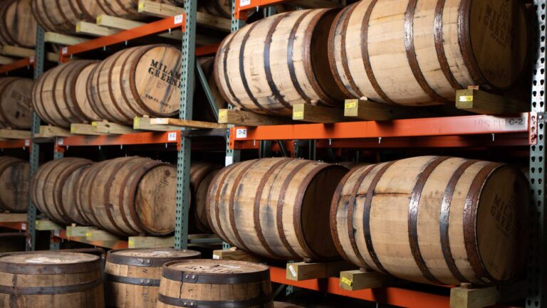 Barrels in the distillery at Milam & Greene. 
