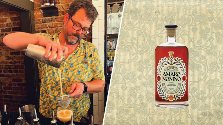 From left to right: Colin Womack, the bar manager at Main Street Meats; Amaro Nonino ‘Quintessentia.’ Photos courtesy of Main Street Eats.