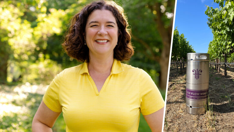 With Sorèlune, winemaker Nova Cadamatre, MW (above left), is tackling wine’s carbon footprint with reusable kegs. Photos courtesy of Nova Cadamatre Photography (left) and Free Flow Wines (right).