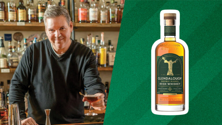 From left to right: Mike Vacheresse, the owner of Travel Bar (photo by Noah Fecks); Glendalough Single Grain Double Barrel Irish Whiskey (photo courtesy of Glendalough).