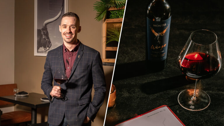 From left to right: Alex Culper and the Bormioli Rocco ‘Electra’ Glass. Photo courtesy of El Che Steakhouse.