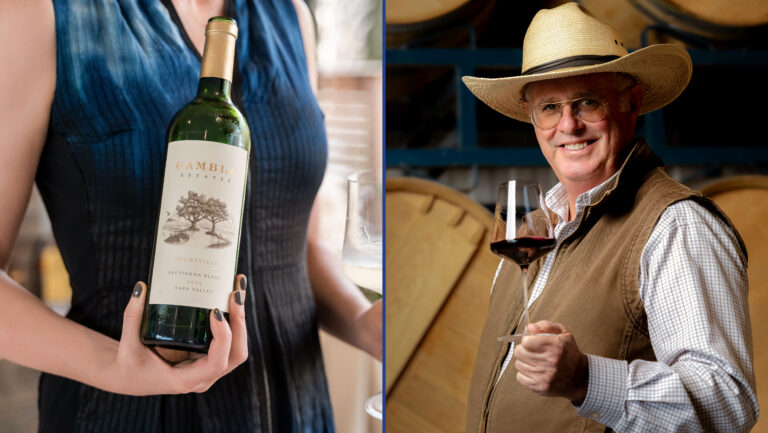 From left to right: Gamble Estates wine with updated branding (photo courtesy of Gamble Estates); Tom Gamble, the founder and vigneron of Gamble Estates (photo by Frank Gutierrez).