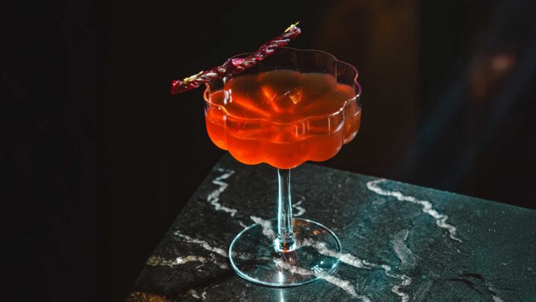 Shinji's Middle Ground cocktail uses beets to add earthy flavor and color. Plus, there's a beetroot garish that looks and tastes like a Twizzler. Photo by Joanna Lin.