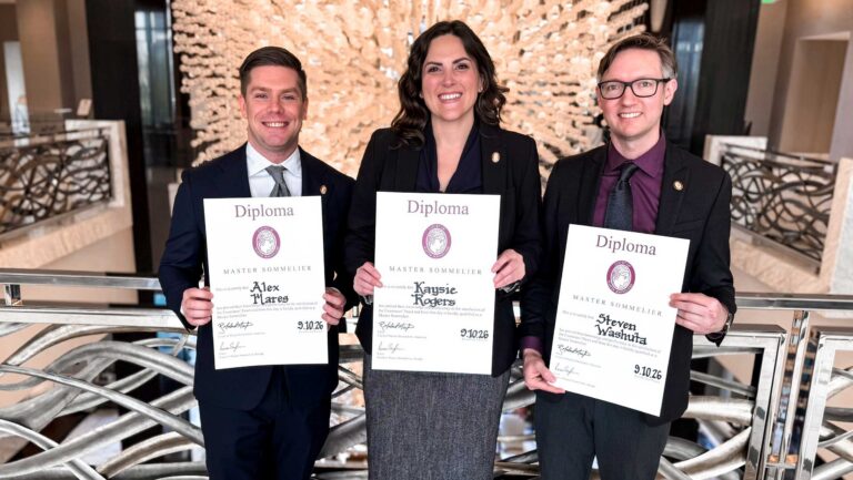 Three of the four newest Master Sommeliers: Alex Mares, MS, the wine director of Bourbon Steak New York at JW Marriott Essex House; Kaysie Rodgers, MS, a sommelier at California restaurant SingleThread Farms; and Steven Washuta, MS, the co-owner of Denver Wine Merchant.