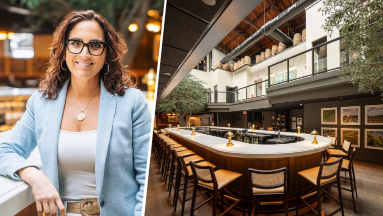 From left to right: Allison Owen, the founder of California wine brand Turks Head Wines; Turks Heads Wines hospitality venue in West Chester, Pennsylvania. Photo courtesy of Turks Head Wines.